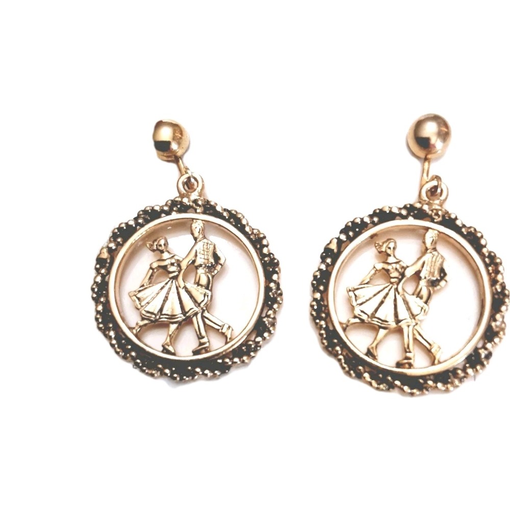 Dancing Couple Earings Clip On Gold Tone Black Vtg FLW Co